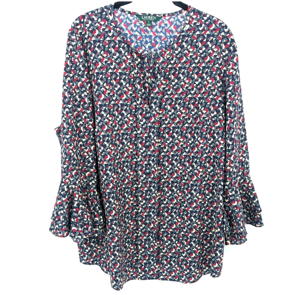 Lauren Ralph Lauren Blouse Women XL Blue Flared Sleeve Top Button Up Silky Tunic